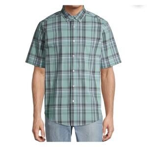 George Men's Classic Fit Short Sleeve Poplin Shirt Green/Gray Plaid Button Front